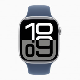 Apple Watch Series 10, 42 мм, корпус из алюминия серебристого цвета, спортивный ремешок «синий» S/M
